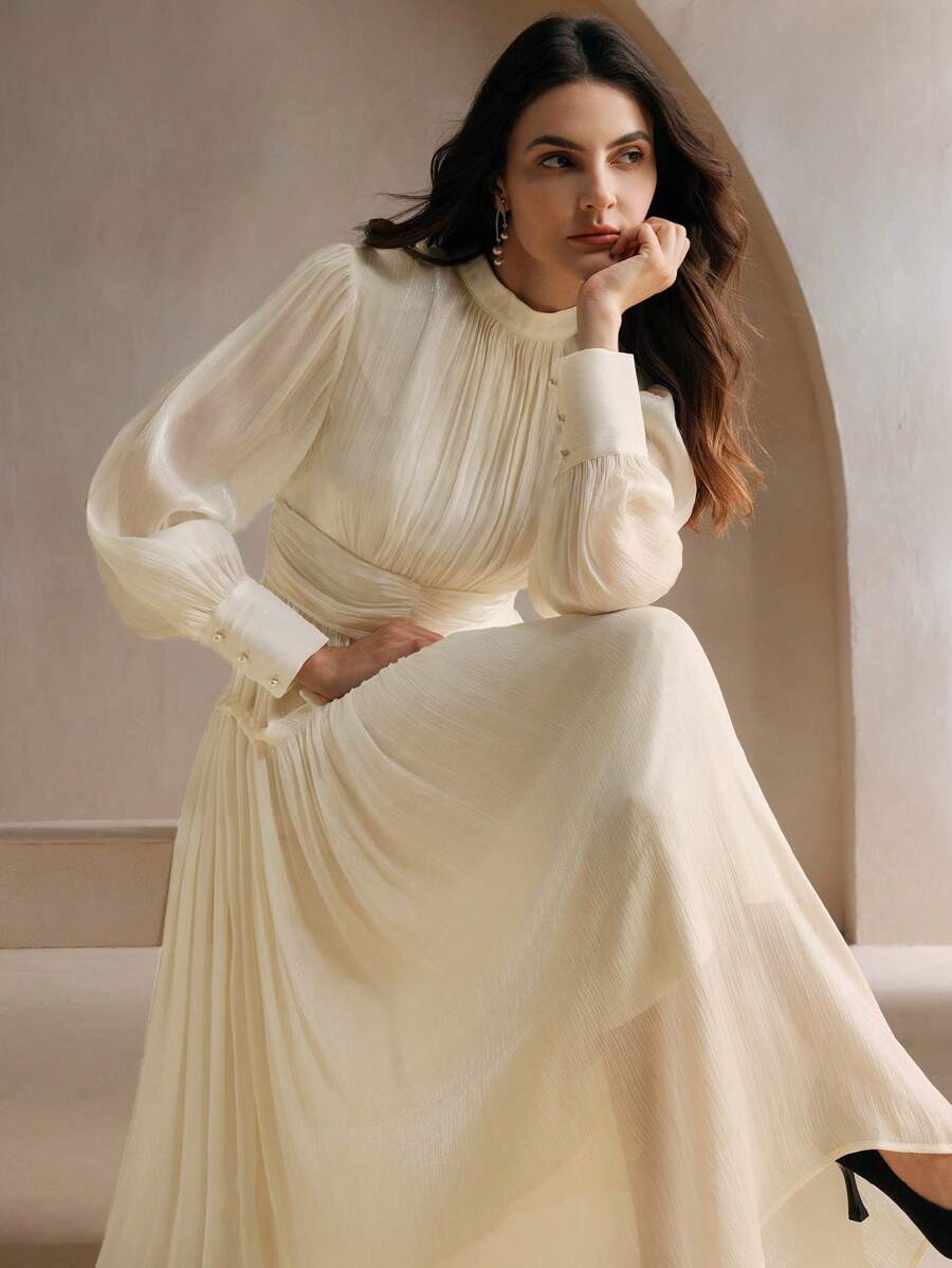 Anewsta Unique Shiny Fabric Puff Sleeve Waist Splice Long High Waist Dress', Christmas - Champagne - View 1
