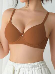 1pc Women Solid Color Spaghetti Strap Bow Decor Underwire Lingerie Bra