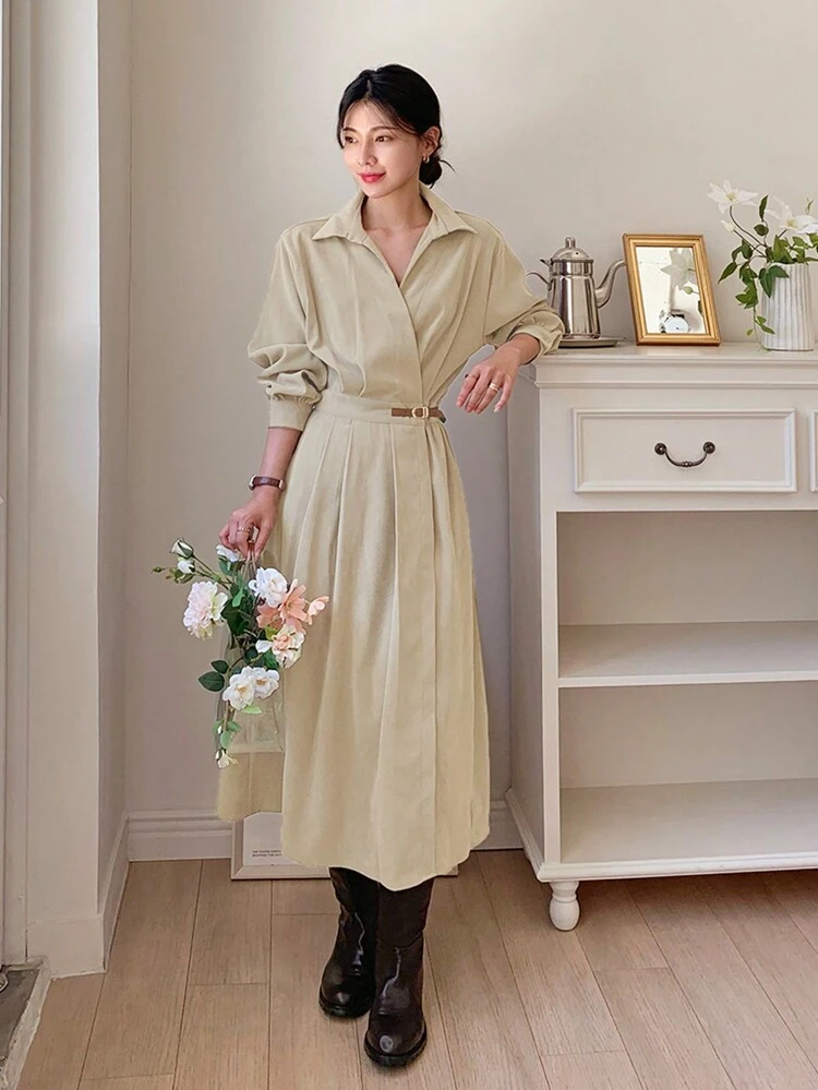 Women's Turn-Down Collar Mid-Length Waisted Midi Dress Shirt Dress