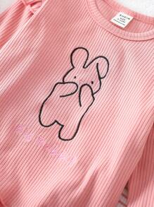 女婴粉色圆领长袖兔子刺绣上衣和条纹裤休闲家居服套装，秋冬