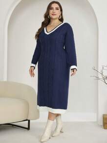 Mulvari Plus Size Women Contrast Trim V-Neck Plus Size Cable Knit Sweater Dress - Navy Blue - View 3