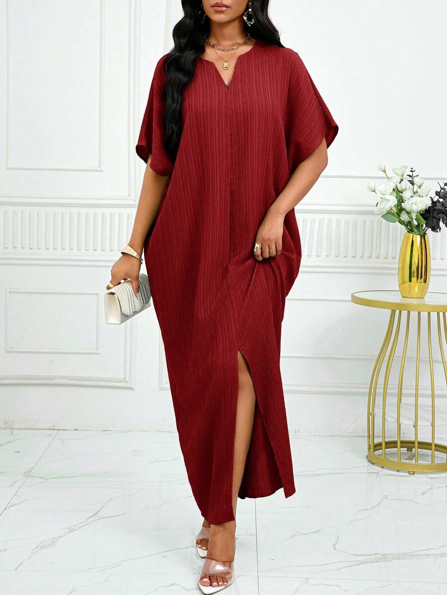 SHEIN Lady Women Solid Textured Notch Neck Batwing Sleeve Split Hem Long Dress - Burgundy - View 1