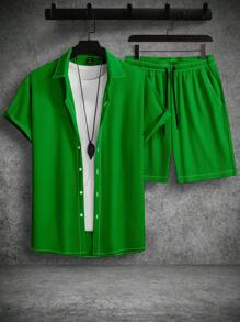 Manfinity Homme 2 件套男士休闲纯色短袖衬衫和短裤套装 - 綠色 - 查看 3