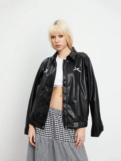 TRNVIE 1pc Black Fashion Minimalist Versatile Bow Decor Zipper PU Jacket, Motorcycle Style, Suitable For Women, Autumn/Winter Fall Cloth For Women