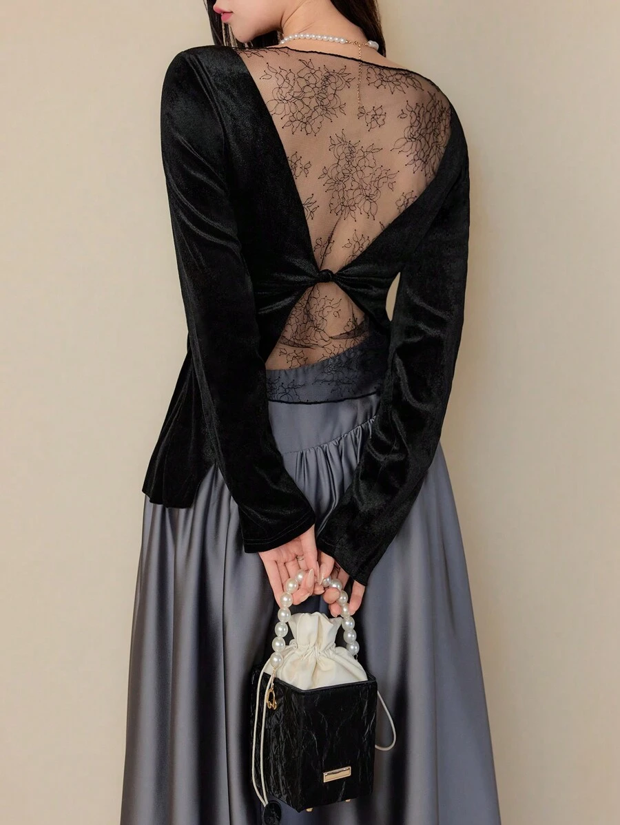 EastFlair Women Velvet Lace Patchwork Long Sleeve Top, Autumn/Winter,Valentine Day - Black - View 1