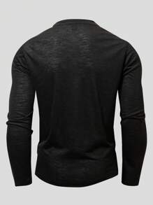 Manfinity Homme Áo thun nam tay dài cài nút thời trang giản dị, chất liệu dệt tre cổ điển, dùng khi tập luyện, dành cho chồng, áo Henley trơn - màu đen - Xem 2
