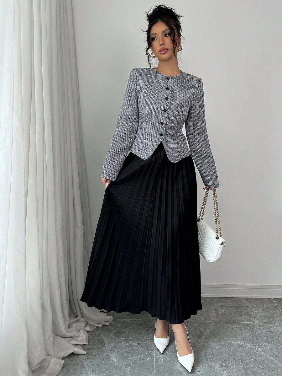 Selianne 女士粗花呢长袖夹克和中长褶皱裙优雅两件套西装 - 彩色 - 查看 1