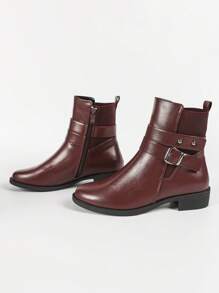 CUCCOO BIZCHIC 女士时尚百搭踝靴，酒红色短靴，粗跟，圆头，松紧后跟，装饰扣，拉链，适合秋冬季新年假期 - 酒紅色 - 查看 7