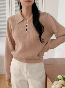 DAZY 1 件女式纯色宽松长袖翻领纽扣毛衣，秋季女装 - 粉色 - 查看 7