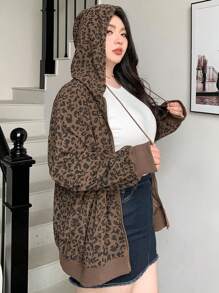 Dazy Plus Plus Size Women Casual Leopard Print Drawstring Hooded Loose Front Zip Up Sweatshirt, Autumn,Fall Women Clothes Jacket
