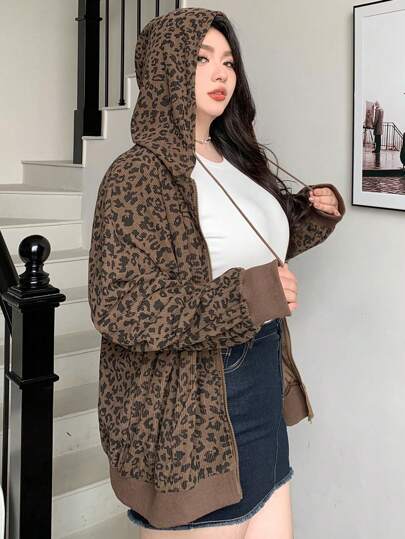 Dazy Plus Plus Size Women Casual Leopard Print Drawstring Hooded Loose Front Zip Up Sweatshirt, Autumn,Fall Women Clothes Jacket