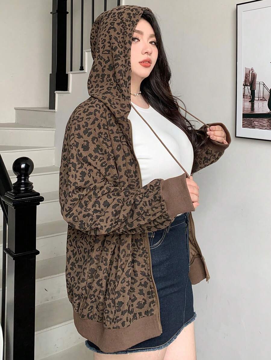 Dazy Plus Plus Size Women Casual Leopard Print Drawstring Hooded Loose Front Zip Up Sweatshirt, Autumn,Fall Women Clothes Jacket