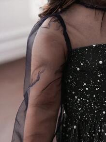 Baby Girl Elegant Cute Black Mesh Contrast Sequin Long Sleeve Knitted Dress New Years Outfit - Black - View 3