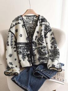 Elaquor Plus Size Women's Autumn Winter Paisley Pattern Drop Shoulder Front Tie Plus Fleece Thick Jacket - Multicolor - View 2