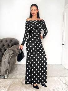 Zolique 女士露肩修身开衩波尔卡圆点印花优雅长裙 - 黑色 - 查看 4