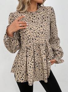 SHEIN LUNE 立领、褶边袖口和下摆、A 字型罩衫、休闲办公优雅户外浪漫度假碎花长袖女式衬衫，秋冬 - 彩色 - 查看 4