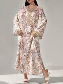 Al Najma Women's Floral Print, Crochet Patchwork, Long Sleeve Dress, Modest Elegant A Line Kaftan & Jalabiya Dress, For Evening Party/Wedding Guest/Anniversary/Daily Wear - Khaki - View 3