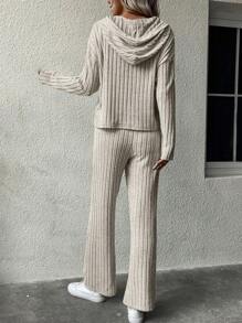 SHEIN Essnce 2pcs Women Casual Drop Shoulder Solid Ribbed Hoodie Sweatshirt & Pants Set, Spring & Autumn - Camel - View 2