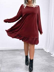 SHEIN LUNE Plus Size Women Solid Color Round Neck Long Sleeve Ruffle Hem Casual Dress, Autumn Burgundy Color Women Outfit