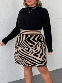 SHEIN CURVE+ Elegant High Neck Splice Contrast Color Leopard Print Bodycon Dress, For Plus Size, For Winter Fall Cloth For Women