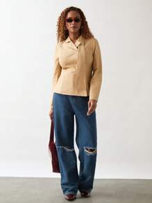 SHEIN Unity 1 chiếc áo sơ mi dài tay màu trơn đơn giản giản dị dành cho nữ - Màu Khaki - Xem 3