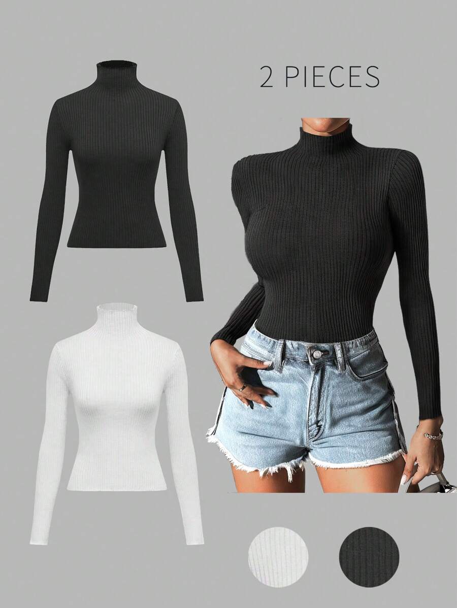 SHEIN Unity 2703 Black & White Turtleneck Sweater Set, Knit Pullover Fall Winter - Multicolor - View 1
