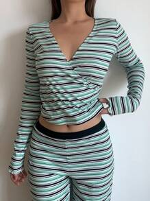 SHEIN BASICS 2pcs/Set Women Casual Knit Striped V-Neck Long Sleeve Fitted T-Shirt & Low Waist Flared Pants Set