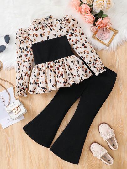 Young Girl Knitted Solid Color Patchwork Woven Stand Collar Casual Shirt And Fitted Knitted Flared Pants 2 Pieces Set