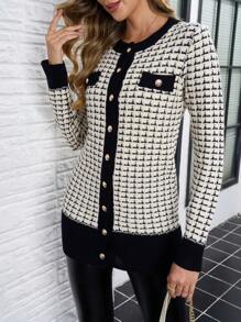 SHEIN Clasi Women's Warm Comfortable Classic Versatile Plaid Pattern Contrast Trim Cardigan, Autumn/Winter