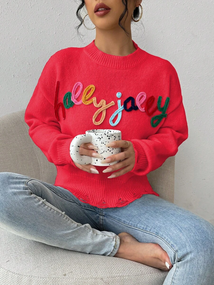 Chiquease Women's Casual Daily Letter Pattern Drop Shoulder Sweater, Autumn Knit Pullover Fall Winter Outfit - Red - View 1