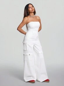 SHEIN ICON 女士白色牛仔連身褲無肩帶工作服寬腿褲街頭服裝 - 白色 - 查看 6