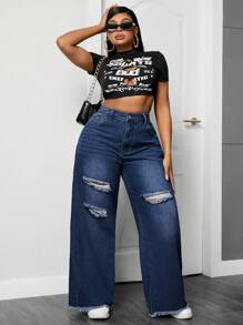 SHEIN ICON 大码女式宽松休闲破洞阔腿男友风牛仔裤，带口袋 - 藍色 - 查看 4