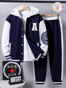 SHEIN Teen Boy American Collegiate Style Letter Graphic Hooded Sweatshirt & Patchwork Long Pants Set Chic Outfits For Autumn/Winter
