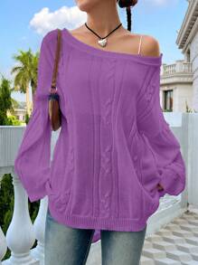 SHEIN Unity 女士休闲日常斜肩麻花针织宽松毛衣，秋冬