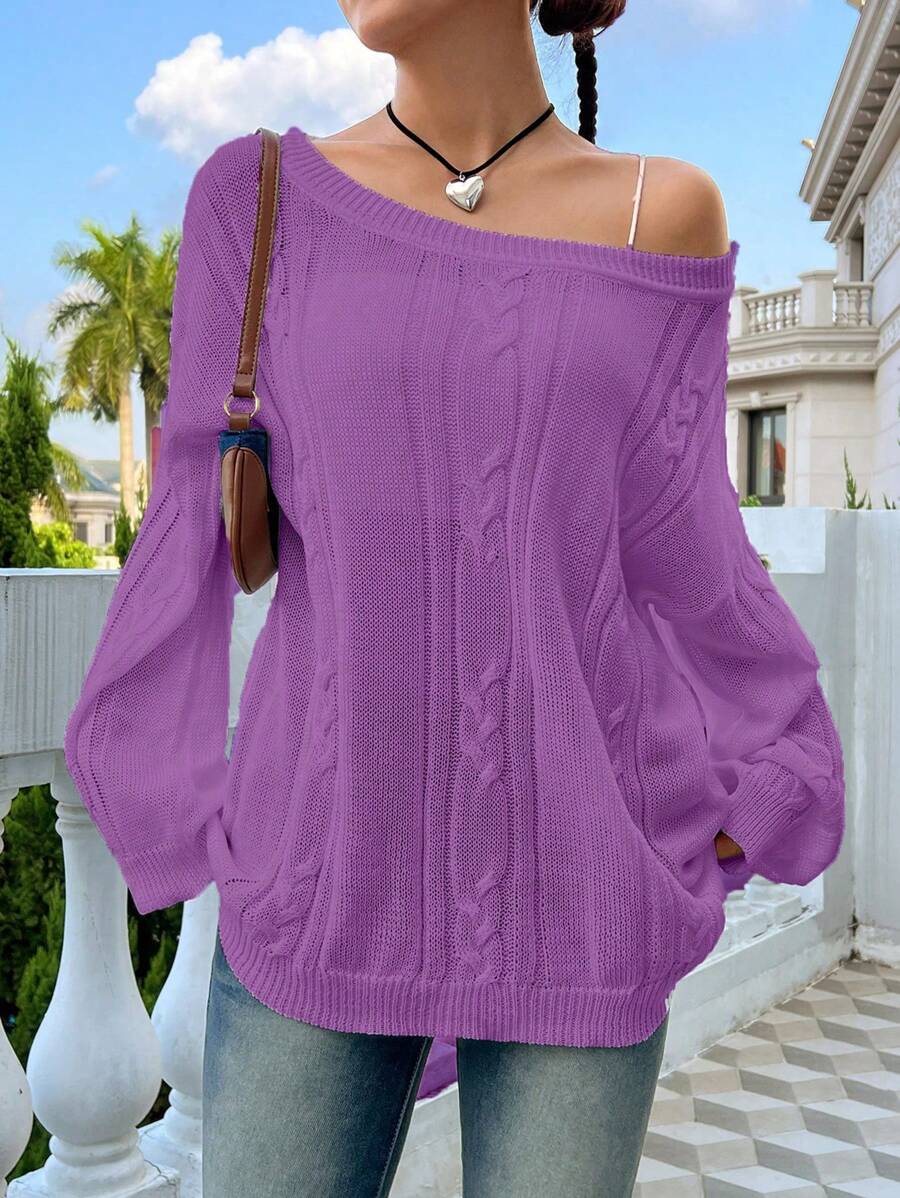 SHEIN Unity 女士休闲日常斜肩麻花针织宽松毛衣，秋冬