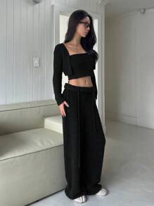 DAZY 3 件套女士蓬松柔软毛绒针织全身毛衣露肩秋季