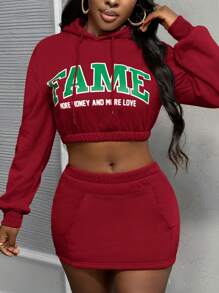Slaydiva 新款秋冬季休闲青年运动连帽截短长袖迷你裙橙色天鹅绒卫衣面料英文标志口号印花女两件套-W - 紅色 - 查看 3