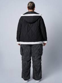 SHEIN EZwear Sudadera con capucha casual de manga larga con botones y panel frontal de piel sintética para talla grande