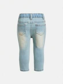 SHEIN Baby Girl Elastic Fitted Rinsed Dark & Light Blue 3-Piece Set, Rinsed Comfortable Soft Denim Pants Chic Outfits For Autumn/Winter - Multicolor - View 3