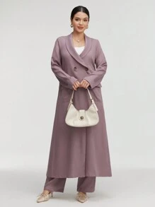 Graceveil Conjunto de dos piezas de abrigo largo de doble botonadura con cuello de chal y pantalones de unicolor, ropa modesta de otoño para mujeres - Morado - Ver 8