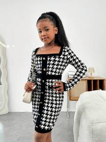 SHEIN 青少年女孩时尚千鸟格印花方领长袖连衣裙 - 黑與白 - 查看 5