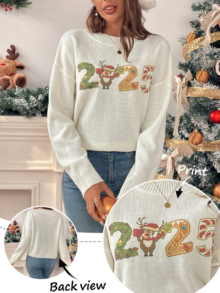 Chiquease Áo len dệt kim cổ tròn họa tiết số, mang đến không khí ấm áp mùa Giáng sinh, dáng rộng, tay dài, thích hợp cho mùa thu/đông. - Màu be - Xem 1