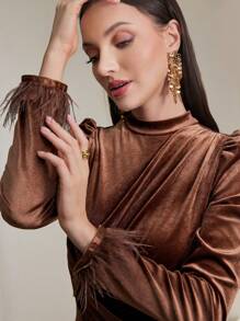 Veilorie Women's Solid Color Stand Collar Bubble Long Sleeve Waist Twist Long Elegant Arabian Dress Modest - Coffee Brown - View 5