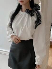 DAZY Ribbon Patchwork Loose Women Long Sleeve Blouse,Fall Clothes - White - View 1