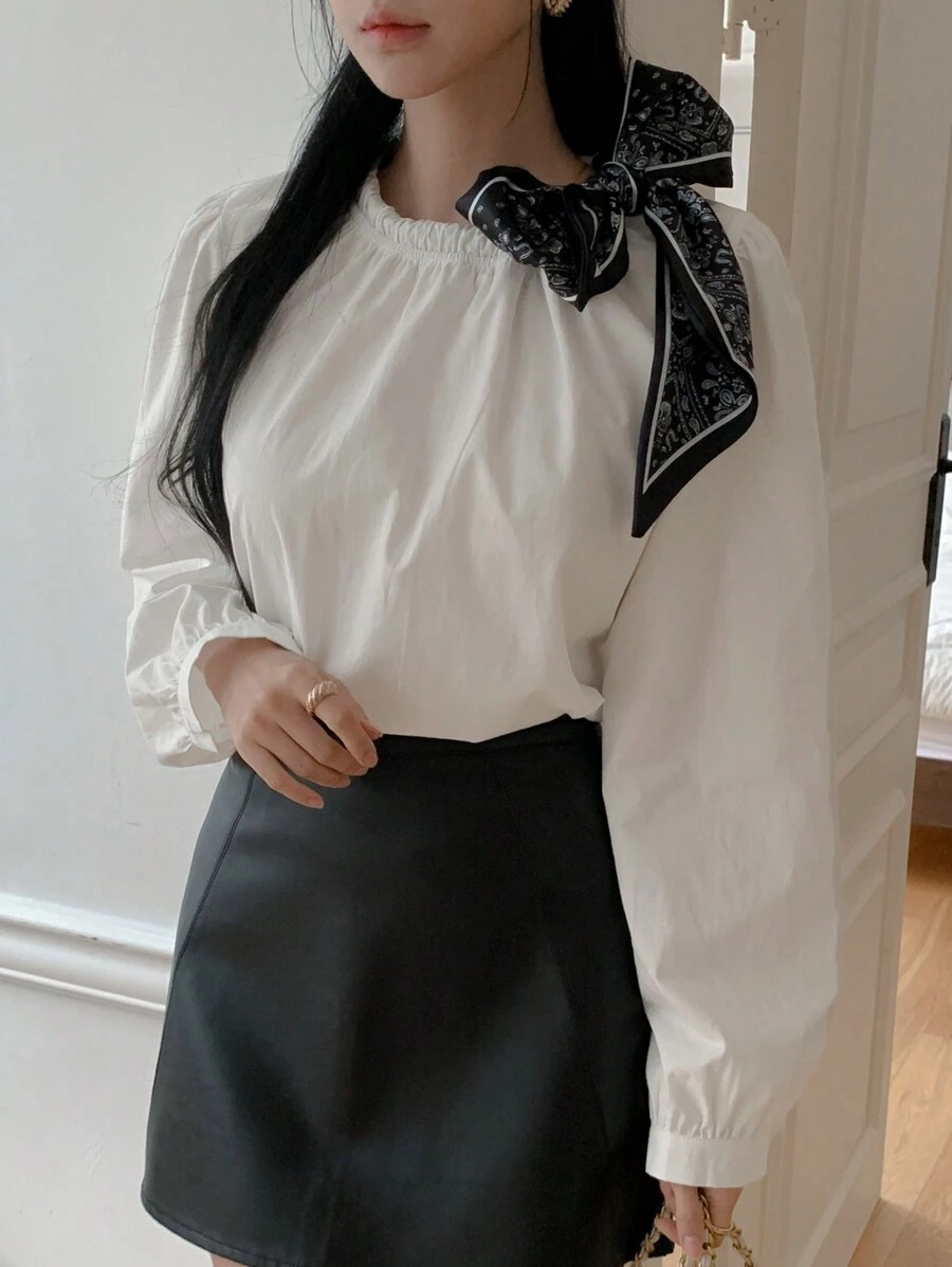 DAZY Ribbon Patchwork Loose Women Long Sleeve Blouse,Fall Clothes - White - View 1