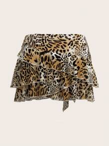 SHEIN ICON Minifalda de malla con estampado de leopardo, volante con bajo y cintura baja