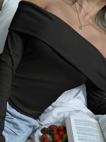 SHEIN EZwear Plus Size Women's Black Off-Shoulder Ruched Long Sleeve Fitted T-Shirt - Black - View 5