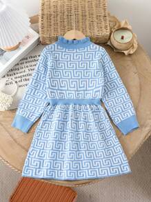 SHEIN Young Girl Blue & White Round Neck Knit Sweater Dress, Suitable For Parties And Gatherings, Autumn/Winter