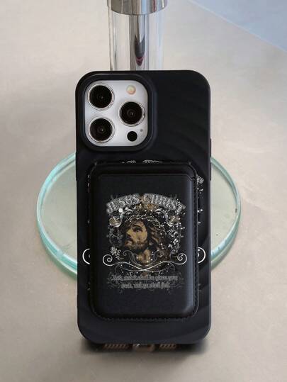 Grunge Punk 2pcs Magnetic Floral & Letter Print Magsafe Phone Case, Magnetic Card Holder With Jesus Christ Graphic Suitable For IPhone