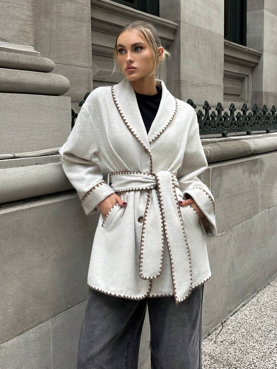 EURMUSE Urban Style Frenchie Cashmere Look Special Stitched Midi Women's Coat